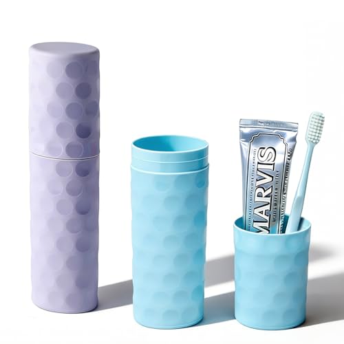 2Pcs Travel Toothbrush Case, Portable Couple Travel Toothbrush Holder with Dot,Toothpaste Container for Home, Travel, Business, Camping, School, 8.1x2.2x1.6 (Purple+Blue) - size: medium size