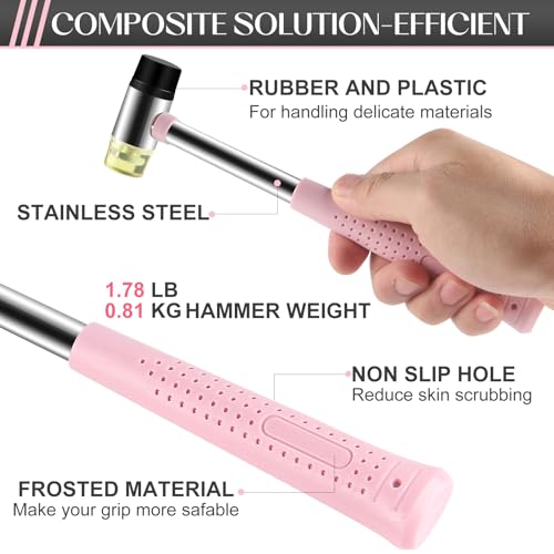 8oz Hammer, 2-Piece Small Claw Hammer & Rubber Mallet Hammer Mini Hammer Set(Pink)