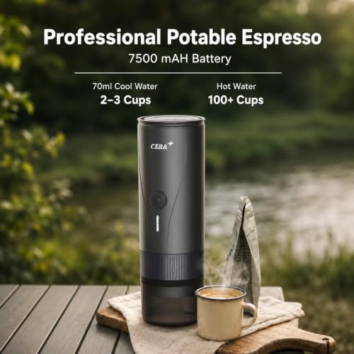 CERA+ PCM04A Portable Espresso Maker with 51mm Professional Basket | Self-Heating Electric Espresso Machine for Ground Coffee, 20 Bar Extraction for Camping, Hiking & Office (Not for NS Pods)