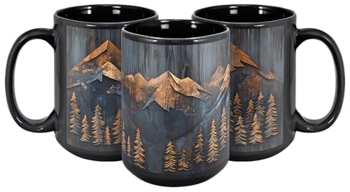 Mountains and Forest Trees Coffee Mug – One Mug, Full Wrap Design (Not Textured) – Outdoorsy Gift for Nature Lovers, Hikers, Campers & Rustic Cabin Decor – 15oz Black Ceramic Cup - size: 15 Ounces