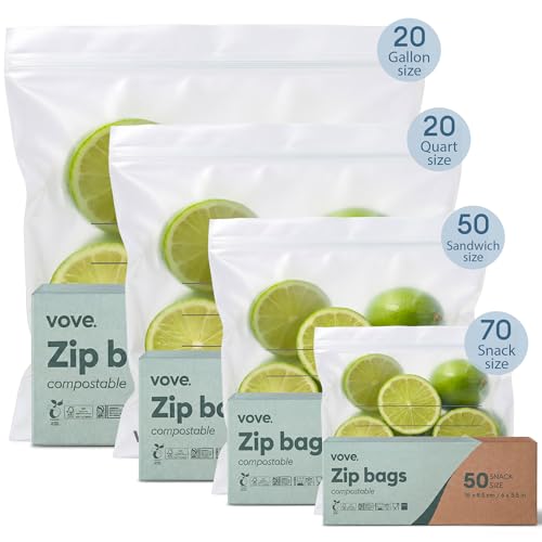 Vove Compostable Storage Bags 160 Ct Variety Pack (S/M/L/XL), Plastic-Free Zip Bags for Food Storage and Meal Prep, PFAS-Free and BPI Certified, Freezer Safe Airtight Seal, Plant-Based - size: Multi-Size (S/M/L/XL) - 140 Count