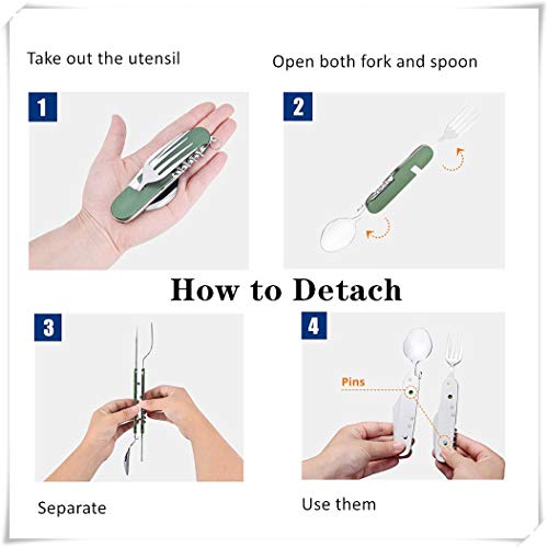 6-in-1 Multi-Function Camping Utensil Flatware Set Detachable Spoon Fork Knife Combo Mess Kit with Carrying Pouch (Black + Gold + Green) - color: Black + Gold + Green