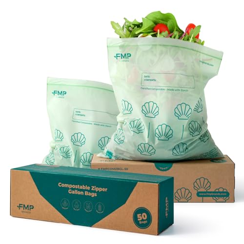 Fit Meal Prep 50 Pack 100% Compostable Food Storage Bags, 1 Gallon Freezer Bags, 10.6 x 11.5" Resealable Bag for Vegetables, Meat, Fruits, ASTM D6400, US BPI & EU OK Compost Certified - style: Gallon