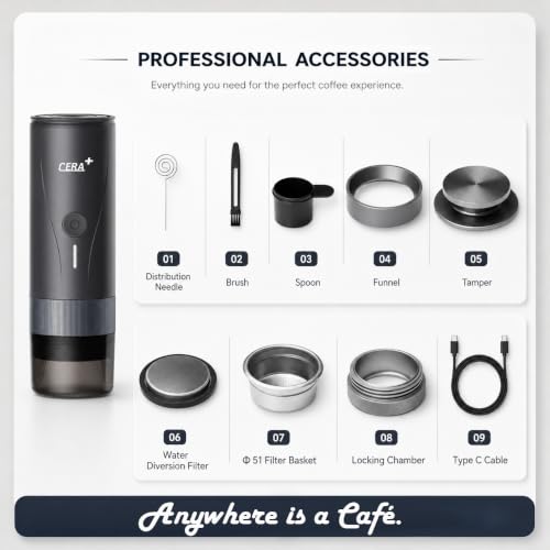 CERA+ PCM04A Portable Espresso Maker with 51mm Professional Basket | Self-Heating Electric Espresso Machine for Ground Coffee, 20 Bar Extraction for Camping, Hiking & Office (Not for NS Pods)