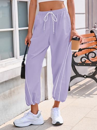 Fisoew Womens Baggy Wide Leg Casual Elastic Waist Cropped Pants - color: Violet, size: Large