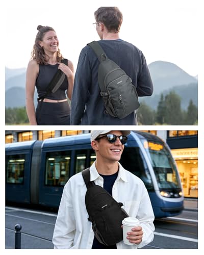 WATERFLY Small Crossbody Sling Bag: RFID Travel Hiking Daypack Man Woman | RFID-blocking,12 Multi-compartment pockets,Water-resistant,Adjustable shoulder strap with phone pocket,Durable nylon - color: Dark Grey