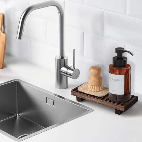 Bathroom Tray Rustic Farmhouse Decor Wood Stand, 8.6" * 3.6" Dark Brown | Waterproof, Lightweight, Easy Clean, Wood Riser Kitchen soap holder Accessories for Office Desk, Vanity, Counter, Sink - color: Drak Brown, size: 8.7" x 3.6" x 1.6"