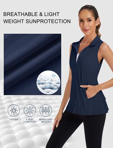 LURANEE Women's Golf Vest with Pleated Tennis Skirt Hem Lightweight Full Zip Sleeveless Athletic Shirts with Pockets - color: Navy, size: Small