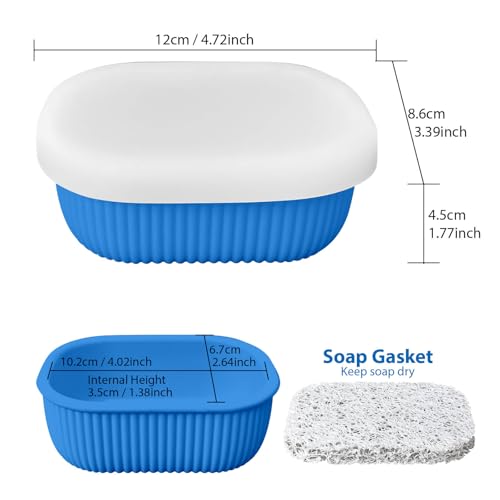 Leakproof Silicone Travel Soap Case with Drainage Layer, Silicone Bar Soap Holder Compact Portable Shatterproof Soap Container Box for Bathroom Gym Camp Travel Toiletries - color: Kleinblue, size: Clear Lid
