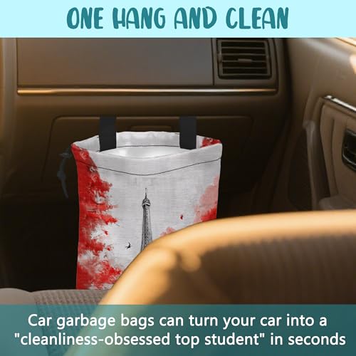 Car Garbage Bag Eiffel Tower Red Trees Drawstring Car Trash Bag Hanging for Back Seat with Adjustable Buckle Canvas Vehicle Trash Can Easy-to-Install - color: Eiffel Tower Red Trees