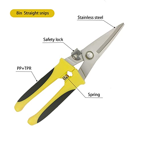 8 Inch Aviation Tin Snips, Heavy Duty Metal Cutter | Stainless Steel Blade, Comfort Grips, Multifunction Cutting of Branches, Cable Wires, Thin Iron, Cardboard - size: 8 Inch Straight Blade