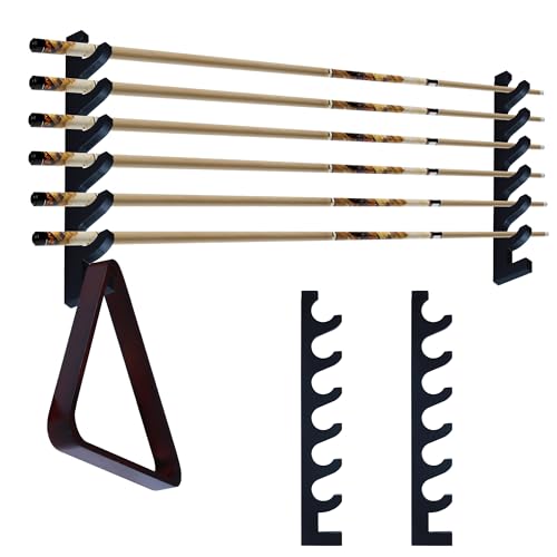 Black Wall-Mounted Pool Cue Holder, Wooden Billiards Pool Stick Rack, Holds 6 Cues and 2 Pool Ball Racks, Pool Table Accessories Organizer for Billiard Rooms or Clubs