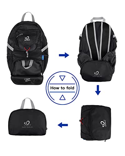 WATERFLY Small Lightweight Packable Backpack: 20l Hiking Daypack Man Woman | 20L,Recycled nylon material,Multi-compartment storage,Water-resistant,Everyday carry,Ultra Light Foldable Travel Day Pack - color: Black