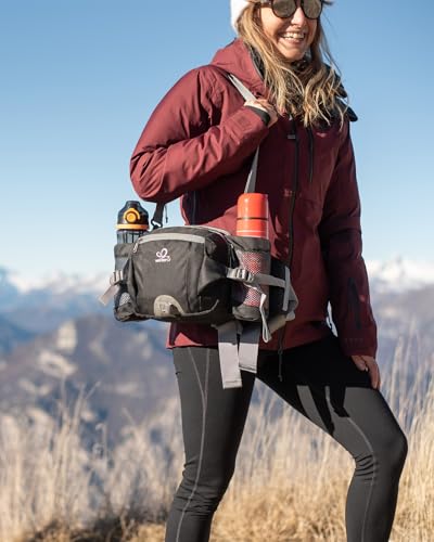 WATERFLY Fanny Pack Waist Bag: Fannie Pack 2 Water Bottle Holders Lumbar Belt Hiking Walking Running Jogging Camping Large Woman Man (Bottle Not Included) - color: Black