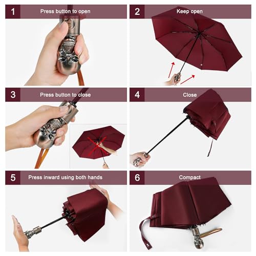 Skull Handle Windproof Travel Umbrella Compact Portable, Auto Open Close | Luxury Gothic Skull Grip with One-Touch Automatic Open, Wind Resistant and Sturdy for Rain, Lightweight to Carry Daily - color: 07.Wine Red
