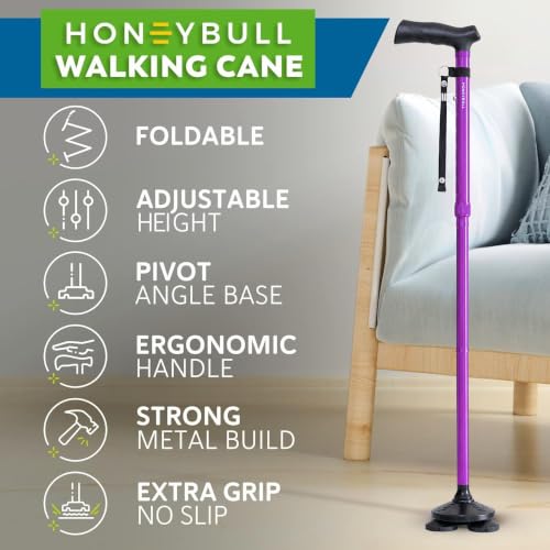 HONEYBULL Walking Cane for Men & Women, Foldable Free Standing Cane | Adjustable Height, Collapsible Design, Heavy-Duty, Pivot Base for Stable Support, Ergonomic Handle - color: Purple