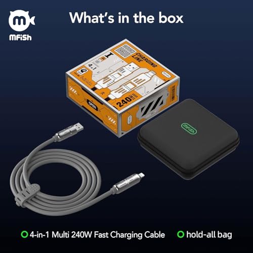 MFish 240W 4-in-1 Fast Charging Cable, Grey, 6.6FT | Carrying Case, USB-A & USB-C to USB-C/Lightning, For iPhone 17/16/15/14, MacBook, iPad, Laptop, Samsung S25/S24 - color: Grey, size: 6.6Ft