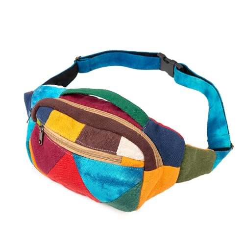 Freakmandu Eco-Friendly Boho Hippie Style Hemp Fanny Pack White Hip Waist Bag for Hiking Running Jogging - color: Geometric Mix