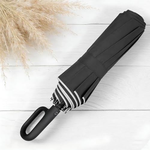 SIEPASA Travel Umbrella with Carabiner Handle - Windproof 10 Ribs Auto Open/Close for Rain & Sun Protection, Compact Portable Clip-on Backpack Design with Safety Reflective Strip. - color: Black