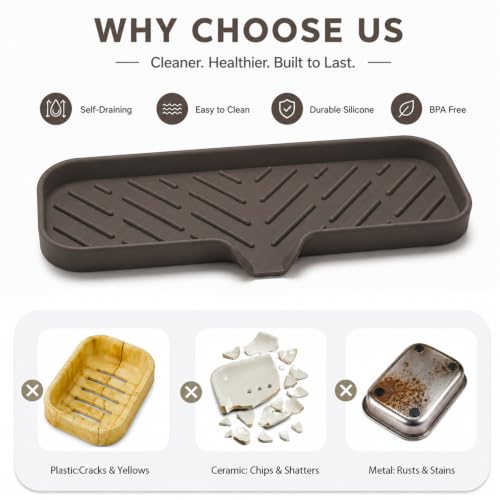 MicoYang Silicone Soap Dish with Drain Spout — Self-Draining Double Sink Organizer Tray for Kitchen & Bathroom, Dispensers, Sponges & Soap Holder, Non-Slip & Dishwasher Safe, Coffee (Large, 12"×4") - color: Coffee, size: L(12"×4")