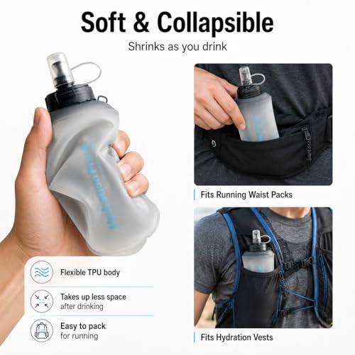 Soft Flask Collapsible Water Bottle, BPA-Free TPU Folding Hydration Flask with Dust Cover for Trail Running, Hiking & Cycling (8.5, Fluid Ounces)