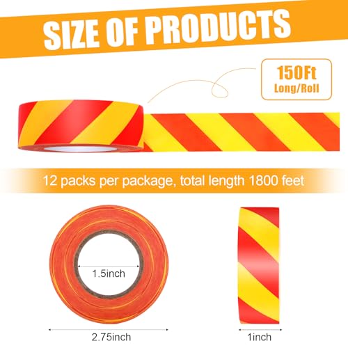 12 Pack Flagging Tape Yellow Red Stripes Neon Tape Set 1 in x 1800 ft - color: Yellow Red