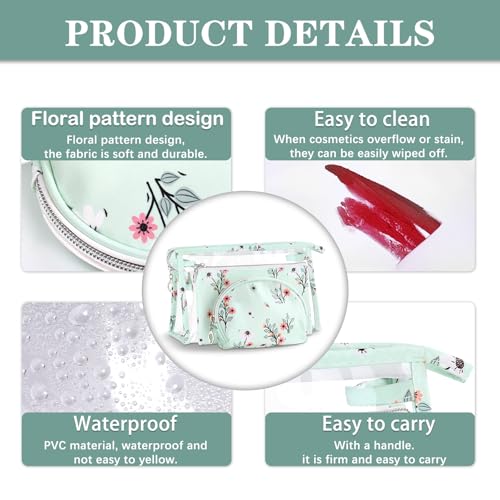 Richeart Makeup Bag, Clear Bag with Zipper, 3PC Floral Flowers Makeup Pouch, Waterproof Small Pouch, Portable Travel Toiletry Bag, B - style: B