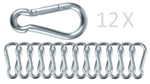 Black & Silver Zinc-Galvanized Heavy Duty Bushcraft Carabiner Spring Snap Clip Link Hooks 200-500lb Load 2, 6 & 12 Packs - color: 5cm (2.0in) Silver 12 Pack