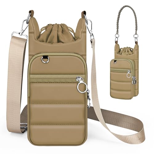 bvya Puffer Water Bottle Holder Quilted Sports Pouch Bag with Adjustable Shoulder Strap & Paracord Handle - color: Khaki