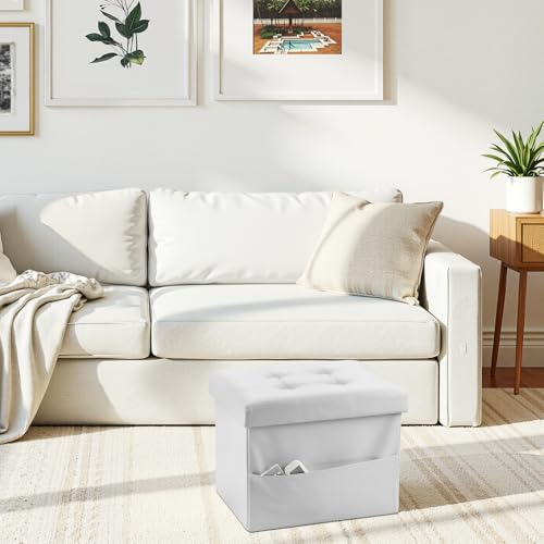AmasSmile Ottoman with Storage,16" Folding Leather Foot Rest Chest,White - color: White 1 Pack, size: 16"*12"*12"with side pockets