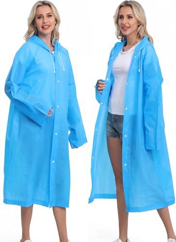 2-Pack Reusable Rain Ponchos for Adults, HOOMBOOM Raincoats Emergency for Women/Men with Drawstring and Sleeves - color: Blue