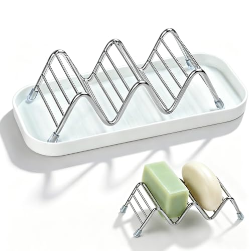 OZNER Wavy Soap Dish for Shower, 304 Stainless Steel Shampoo Bar Holder with Removable Drip Tray, Self Draining Quick Dry Bar Soap Holder for Shampoo Bars, Conditioner Bars & Soap, 1 Pack - size: M(7.4"*3.2")