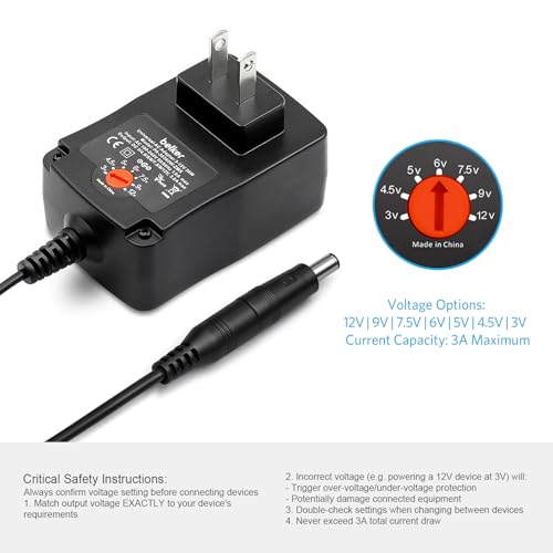 Belker 36W Universal 3V 4.5V 5V 6V 7.5V 9V 12V AC DC Adapter with 8 Tips | Power Supply for LCD LED Light Strip Router HUB Speaker Smart Phone TV Box - 1A 1.5A 2A 2.5A 3A 3000mA Max