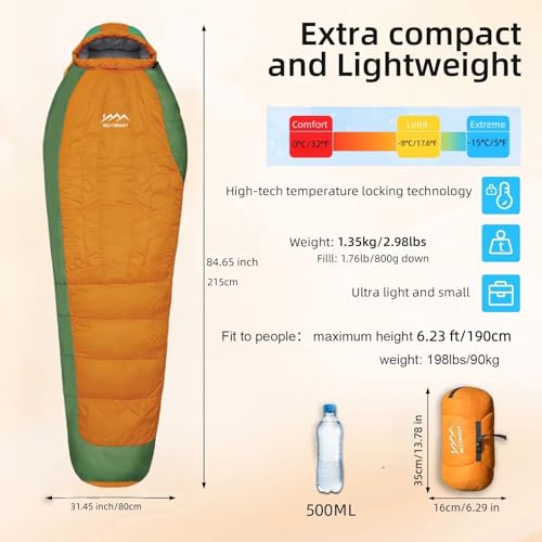 Down Sleeping Bag with Pillow,Ultralight and Compact - color: Orange, size: Regular 20°F