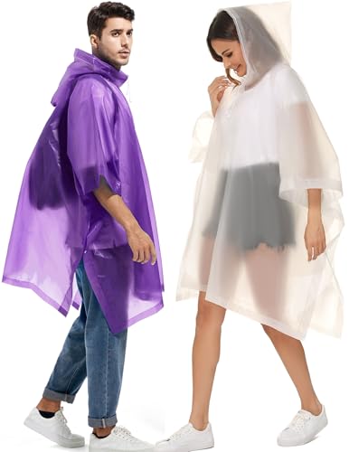 2 Pack Rain Ponchos for Adults Reusable - Raincoats Survival Emergency Heavy Duty Rain Coat with Drawstring Hood - color: White&purple