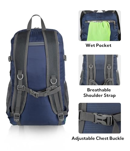 WATERFLY Lightweight Packable Hiking Backpack, 30L Day Pack | Foldable, Water Resistant Travel Daypack with Multiple Pockets, Wet Pocket, Ultralight Day Pack for Woman Man, Everyday Carry - color: Green & Yellow