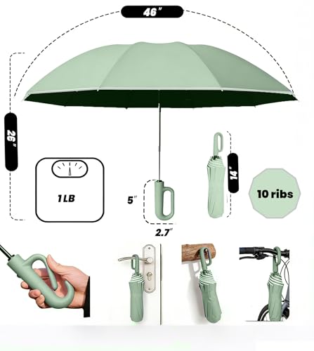 SIEPASA Travel Umbrella with Carabiner Handle - Windproof 10 Ribs Auto Open/Close for Rain & Sun Protection, Compact Portable Clip-on Backpack Design with Safety Reflective Strip. - color: UV-Light Green