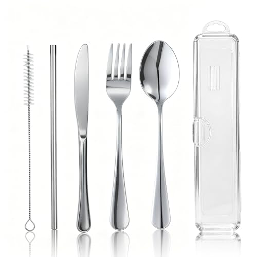 Travel Camping Utensils with Case, 6 Pcs Reusable Stainless Steel Silverware Cutlery Set, Spoon, Fork, Knife + Straw/Brush Kit for Camping, Travel, Office, Lunch Box, Eco On-the-Go (silver) - color: Silver