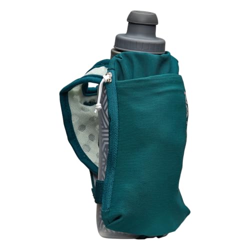 Nathan SpeedDraw 2 Insulated Handheld Running Water Bottle Flask – Double-Wall Insulation, Ergonomic Grip, Blast Valve Cap, Phone & Key Storage Pockets, Reflective Design, 12oz Insulated - Deep Teal - color: 12oz Insulated - Deep Teal