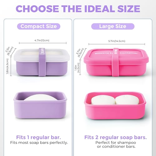 Compact Leakproof Travel Soap Case with Lid & Silicone Strap - Portable Draining Soap Bar Holder for Gym, Bathroom, Camping - Lightweight Silicone Soap Dish Container (Purple) - color: Purple