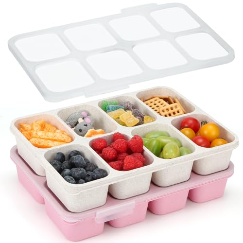 MaMix Snackle Box Container,Leak-Proof Snack Box 8 Compartment Divided Serving Tray with Lid, Dishwasher Safe Food Containers for Fruit Candy Snack Nuts Veggie Party (2 PACK) - color: BEIGE+PINK