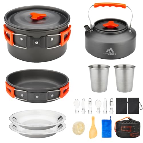 THTYBROS 17pcs Camping Cookware Mess Kit,for Camping,Backpacking,Picnic | 0.45Gal Pot,7inches Pan,0.30Gal Kettle Set with 2 set Stainless Steel Cups Plates Forks Knives Spoons,Pots, Pans & Griddles