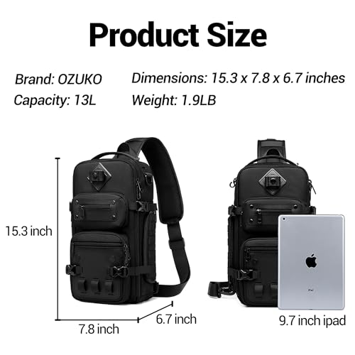 OZUKO Sling Bag for Men, Waterproof Crossbody Backpack, EDC Chest Pack | Tripod Holder for Travel, Hiking, Photography, Commuting - color: Black