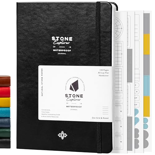 Stone Journal Explorer Notebook – A5 Waterproof Paper Field Journal, Vegan Leather Hardcover, 144 Pages Alternating Ruled & Dot Grid, Back Pocket, Weather-Resistant (Black) - color: Black