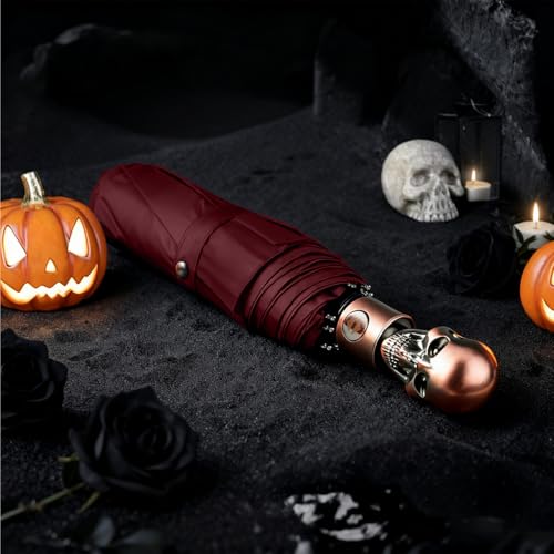 Skull Handle Windproof Travel Umbrella Compact Portable, Auto Open Close | Luxury Gothic Skull Grip with One-Touch Automatic Open, Wind Resistant and Sturdy for Rain, Lightweight to Carry Daily - color: 07.Wine Red