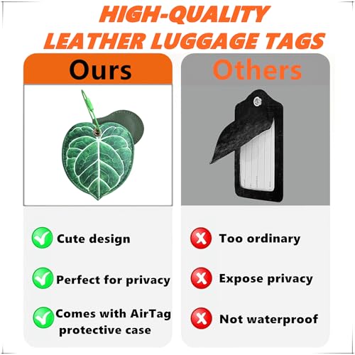 PU Leather Luggage Tag with Airtag Holder Case Set and Name ID Label - color: Leaves
