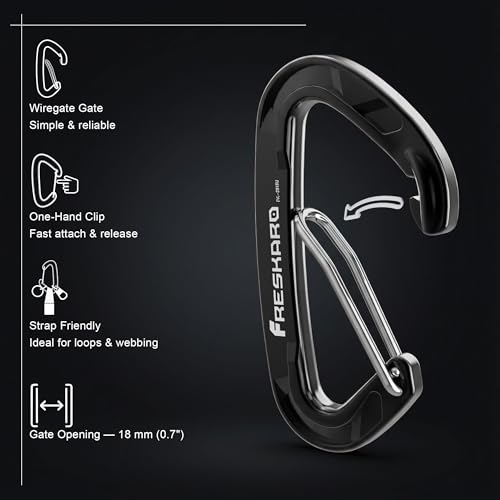 FresKaro 15kN-3372lbs Heavy Duty Wiregate Carabiners, Reliable Time-Tested Stainless Steel Spring Gate, for Camping, Hiking, Hammocks, Backpacking, Dog Leash etc., 3.15inch - color: Black-4pcs
