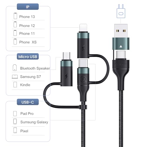 PD 60W USB C Multi Fast Charging Cable Nylon Braided Cord 5-in-1 3A USB/C to Type C/Micro/Phone Fast Sync Charger Adapter Compatible with Laptop/Tablet/Phone - color: Green, size: 6.6FT