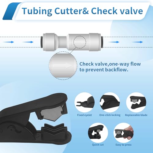 51Pcs 1/4" Quick Connect Water Line Fittings Kit, Push to Connect Fittings (Ball Valve, Check Valve, T, L, Y, I & Professional Tubing Cutter) for RO/DI, Refrigerator, Ice Maker