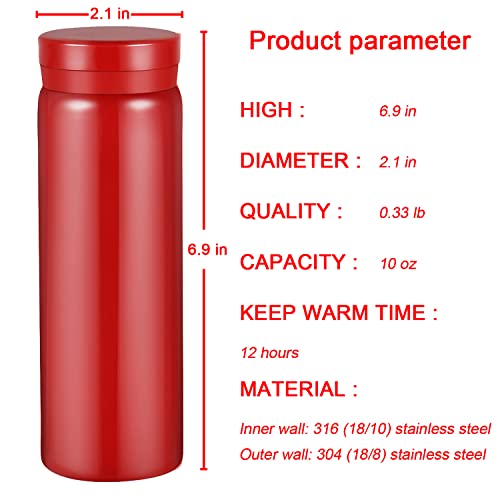 10oz Mini Water Bottle Stainless Steel Thermos Small Flask - Insulated Vacuum, Leak Proof, Keeps Drinks Hot/Cold - Ideal for Coffee, Tea, Water - Red - color: Red, size: 9.5 Ounces